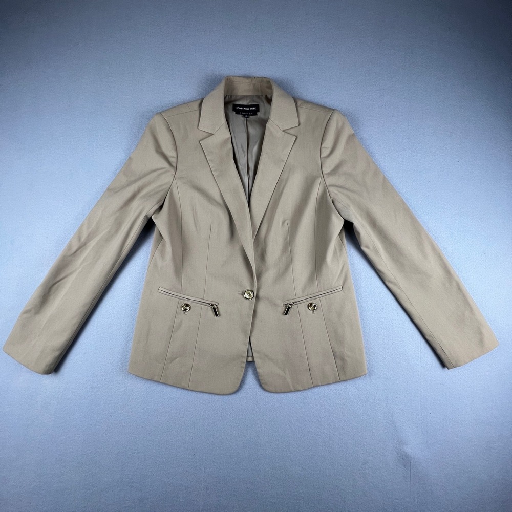 Jones New York Blazer Womens 12 Tan Single Button Zip Pocket Career Professional